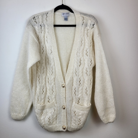 Crystal Sportswear Mohair blend Cardigan Sweater Large Cream Fall Preppy Winter - Picture 1 of 7